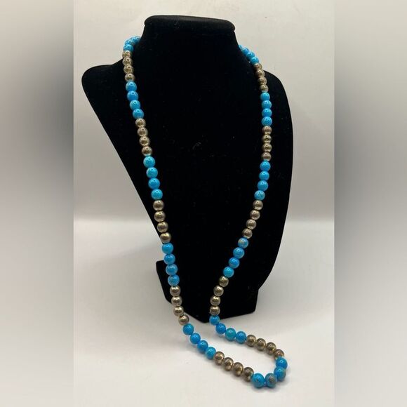 Kingman Turquoise and Sterling Silver Beaded Necklace - Picture 1 of 7